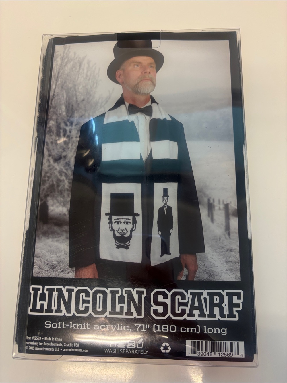 Archie McPhee Lincoln Scarf Black White Knit Abraham Lincoln History Gift 12569